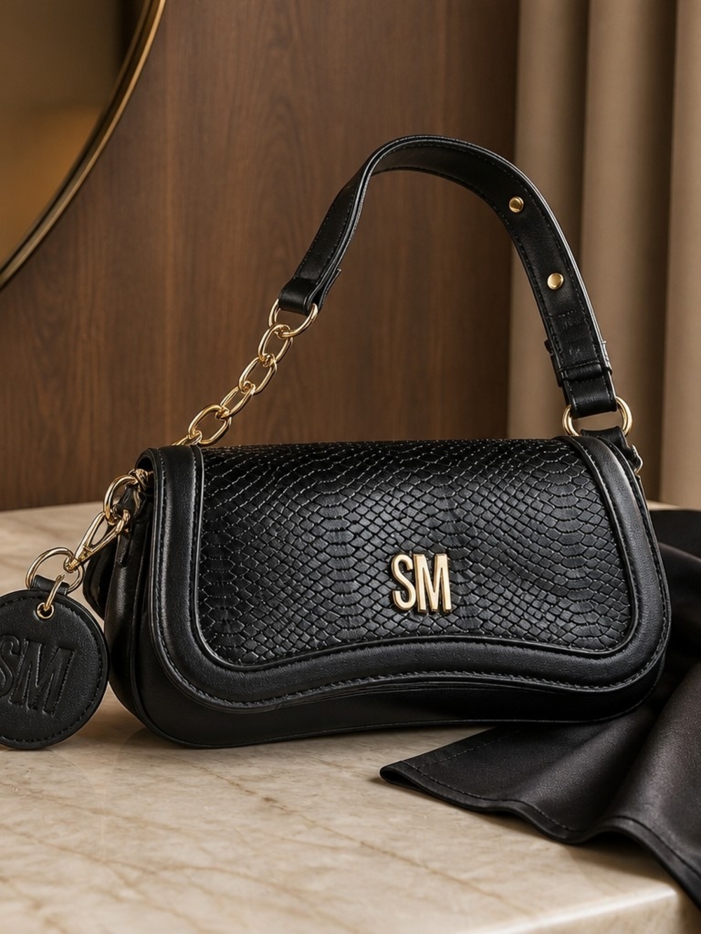 Steve Madden Black Textured Shoulder Bag with Gold Hardware
